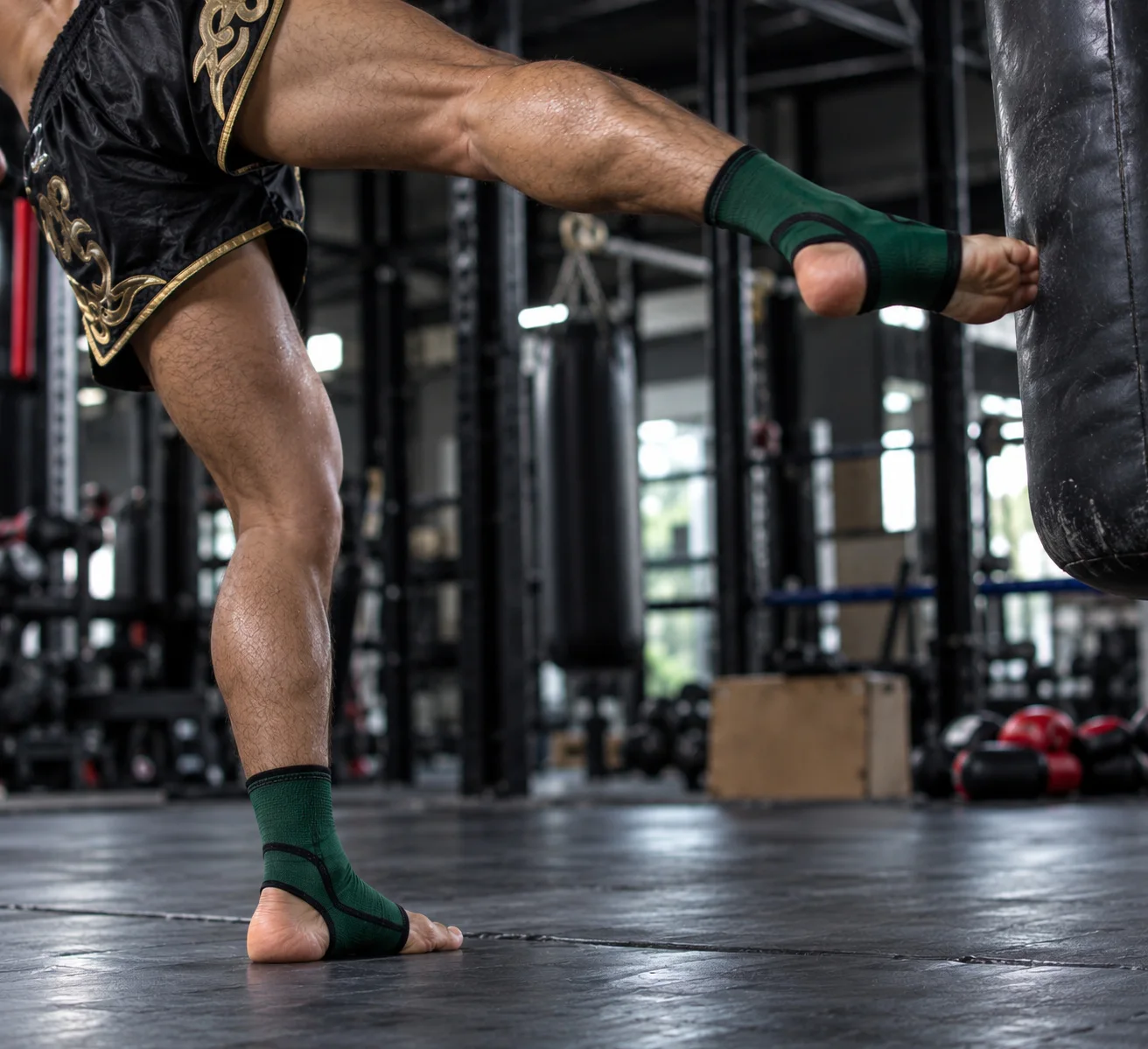 Green ankle supports used during kicking practice