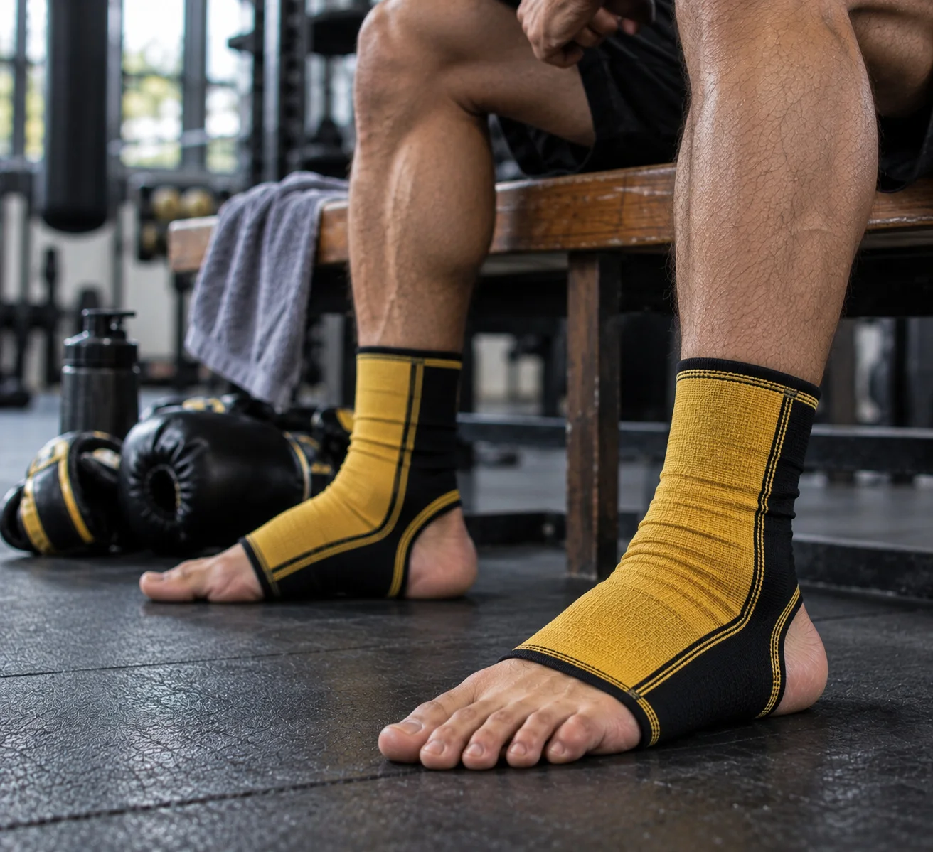 Yellow ankle supports shown in seated training area