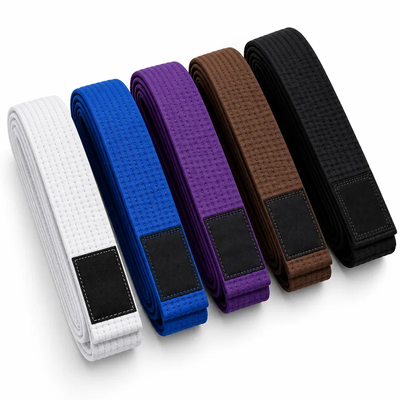 BJJ belts in white, blue, purple, brown and black