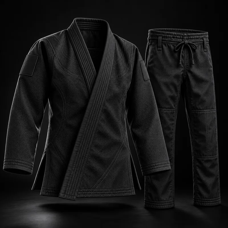 Black BJJ gi jacket and trousers on a dark background