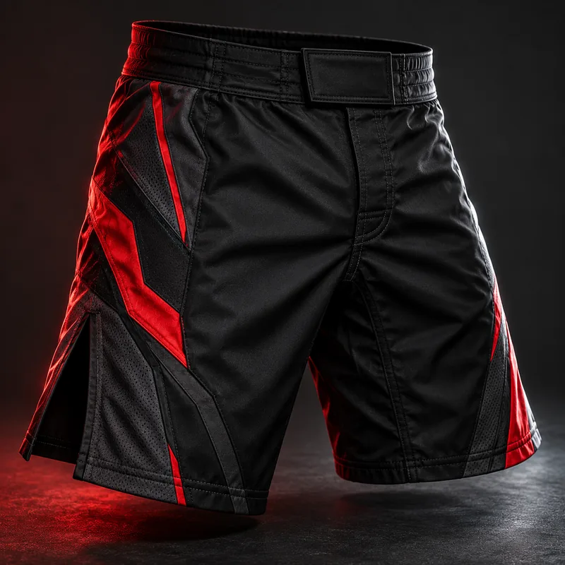 Custom black and red MMA shorts, studio