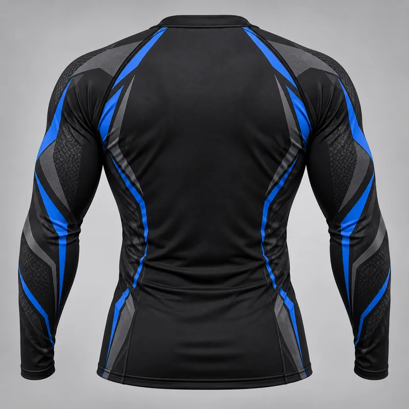 Back of a black long-sleeve rash guard with blue panels