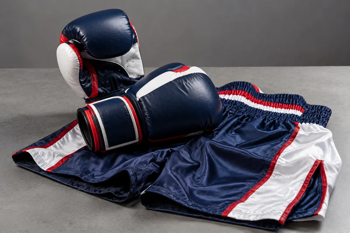 Custom boxing gloves and matching boxing shorts in navy, red and white