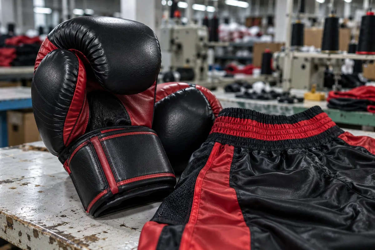 Black and red boxing gloves with matching shorts in a workshop-style product display