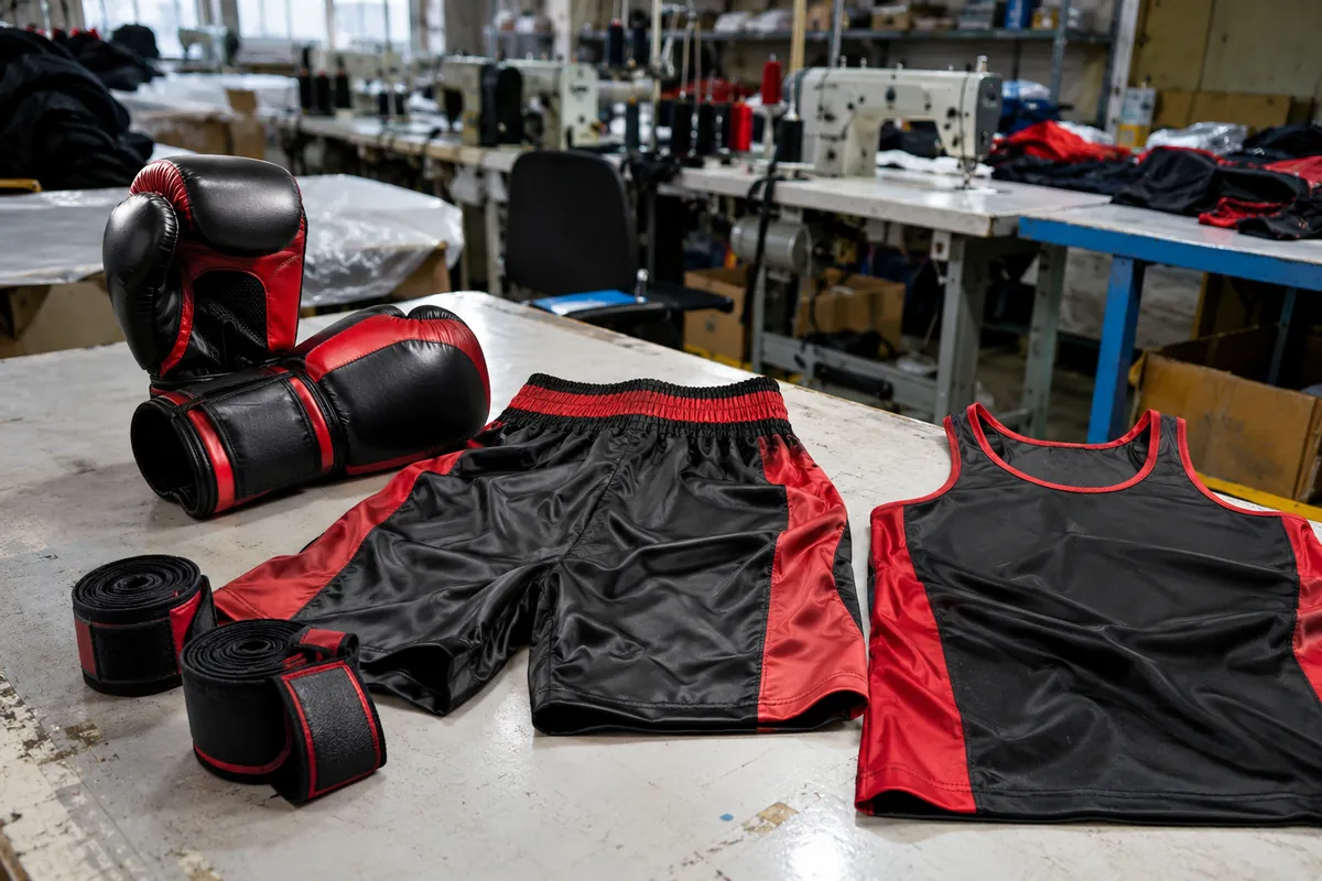 Custom boxing gear set with gloves, shorts, hand wraps and training top