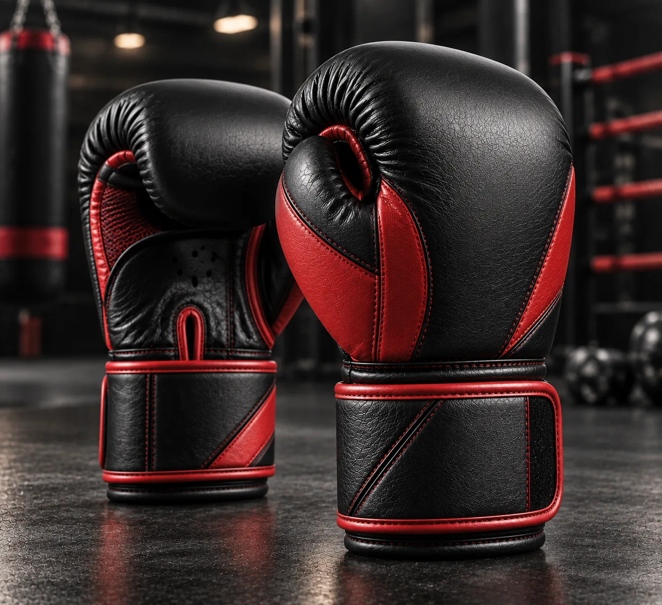 Black and red boxing gloves premium hero product photo