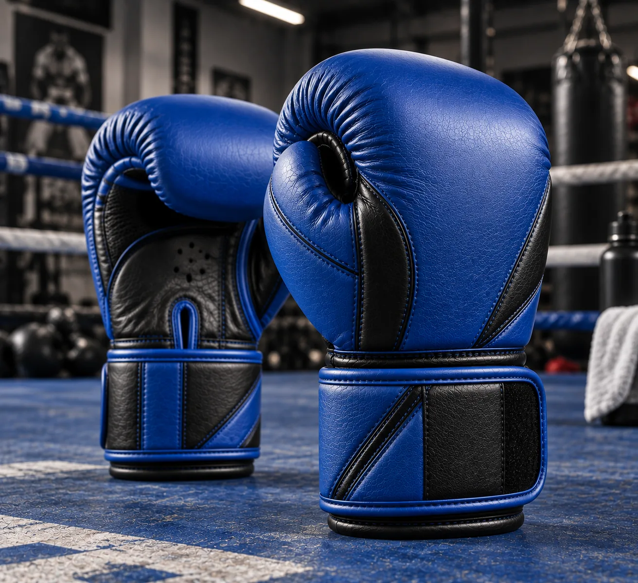 Royal blue and black boxing gloves in gym product photo