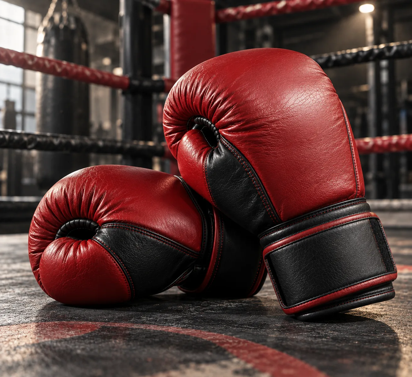 Red and black boxing gloves dynamic equipment product photo
