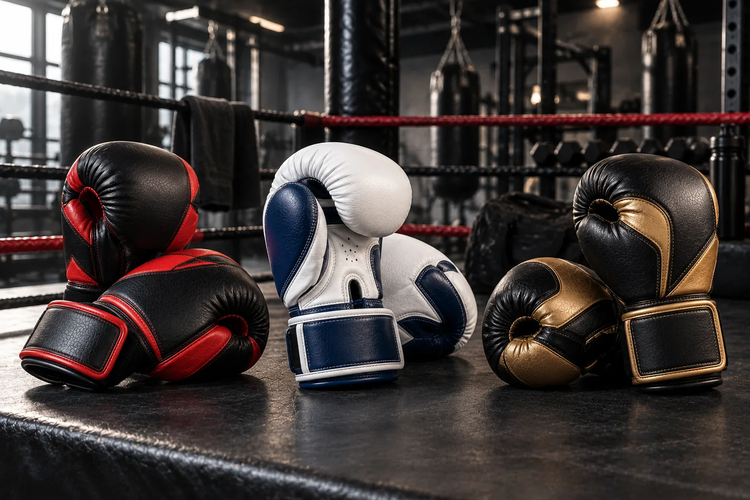 Three custom boxing glove designs manufacturer showcase product photo