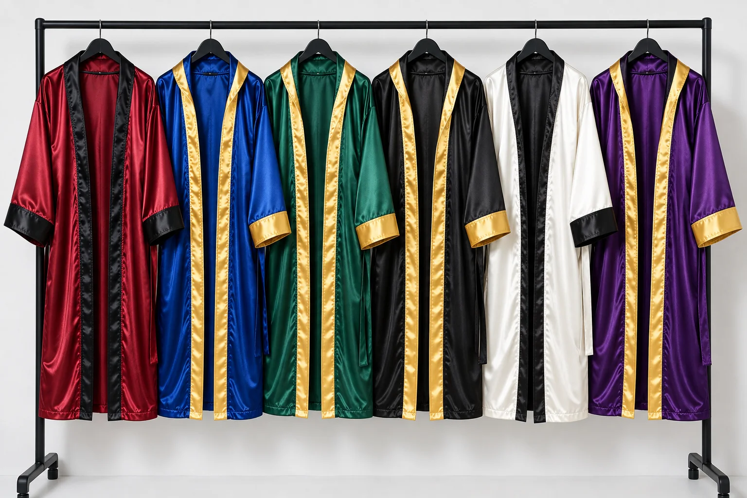 Boxing robe collection on garment rack in multiple colors