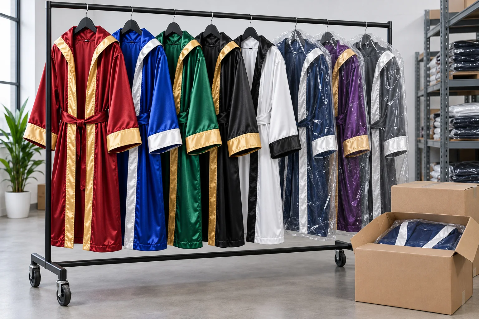 Full boxing robe collection on rolling rack in factory