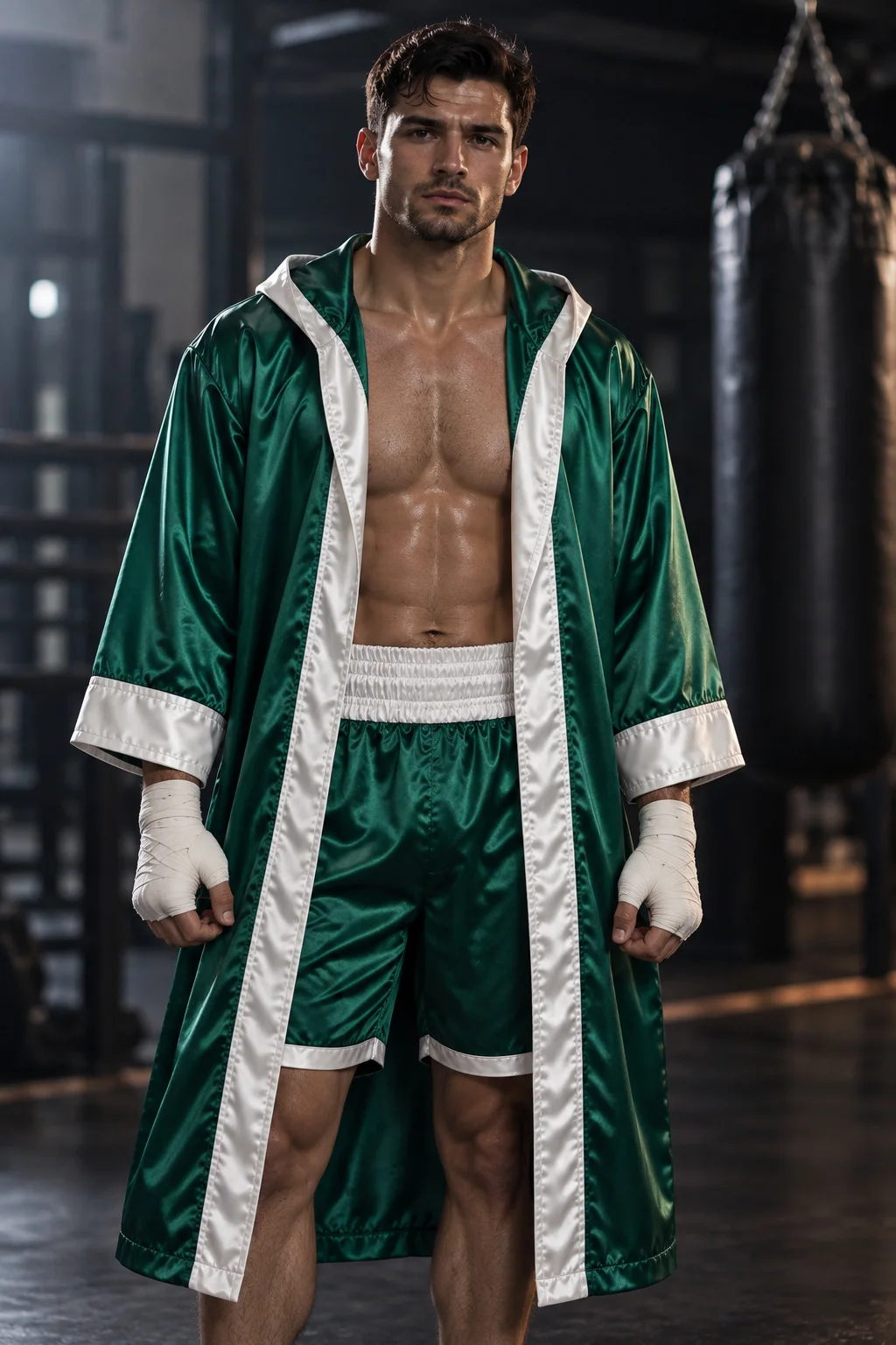 Athlete wearing green boxing robe in gym