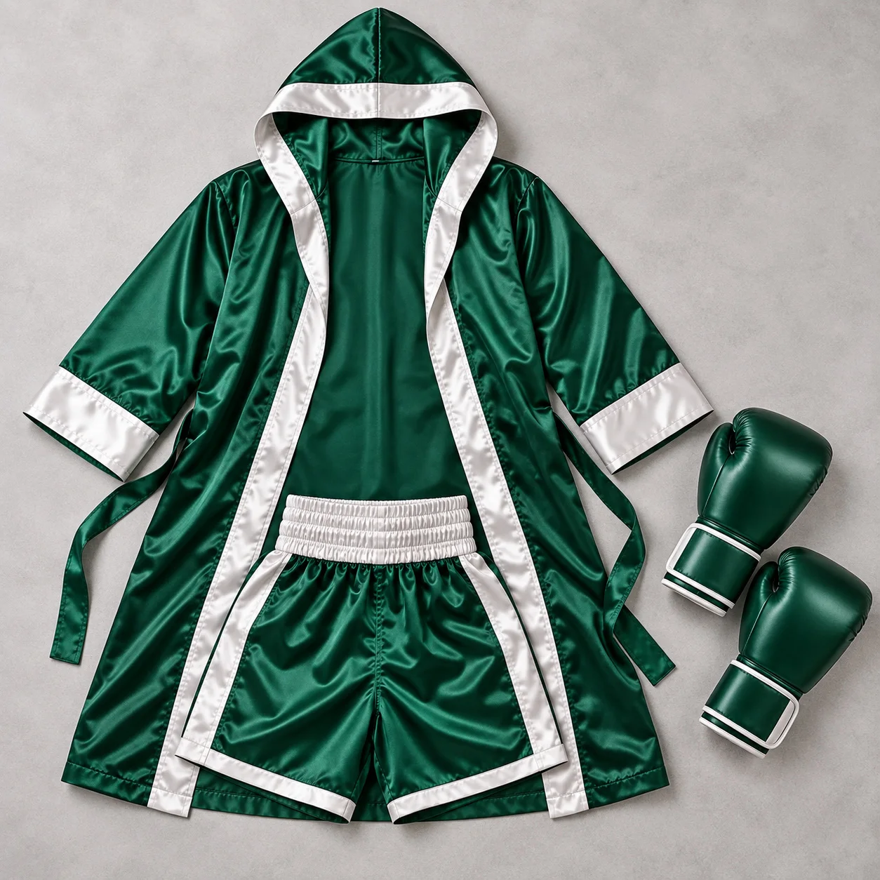 Green boxing robe and shorts set arranged with gloves