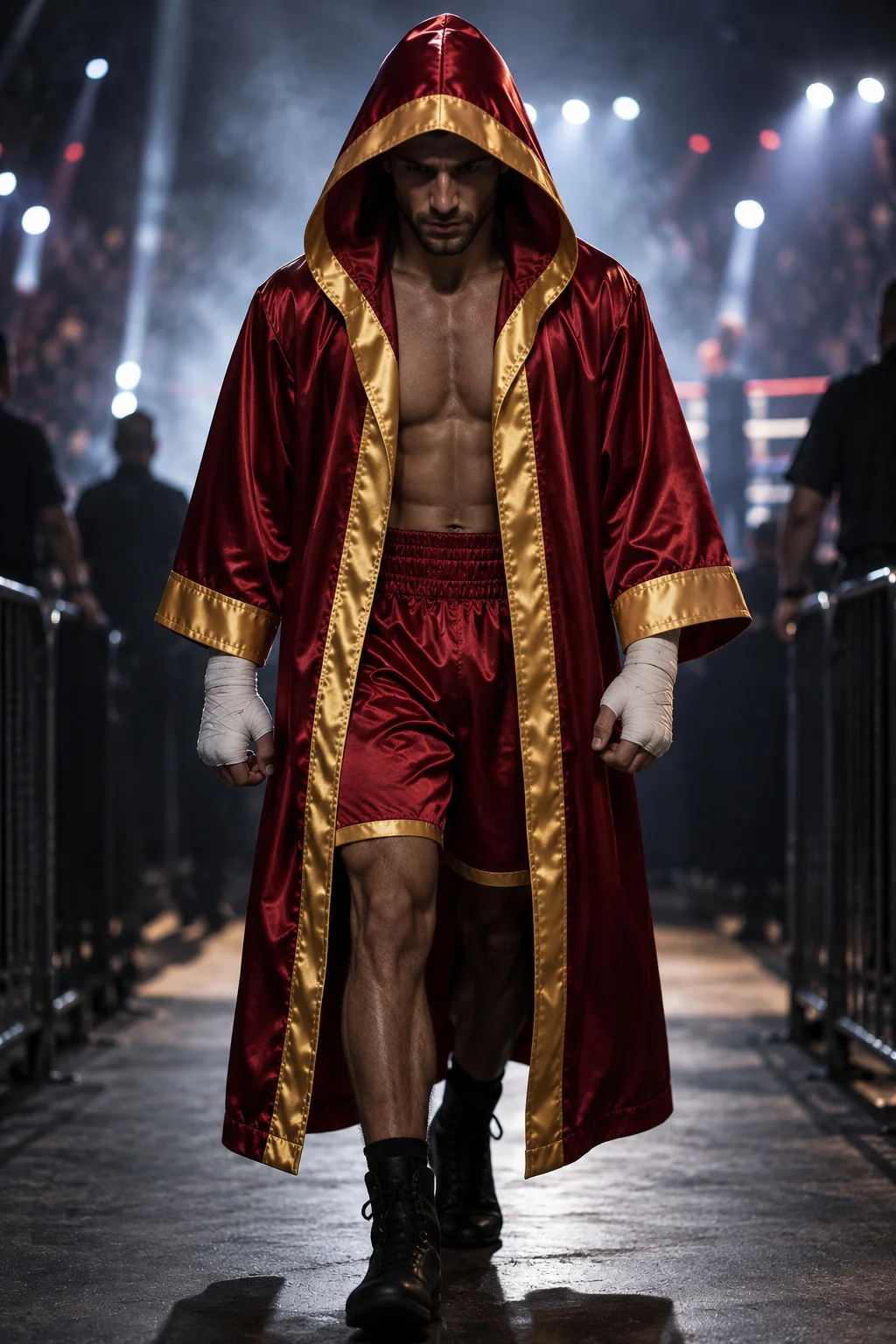Red boxing robe worn during ring-walk style scene