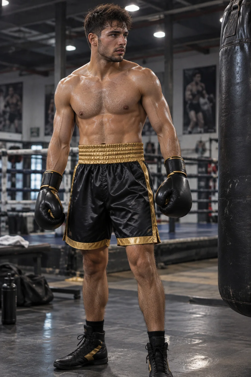 Black and gold boxing shorts worn by boxer in gym