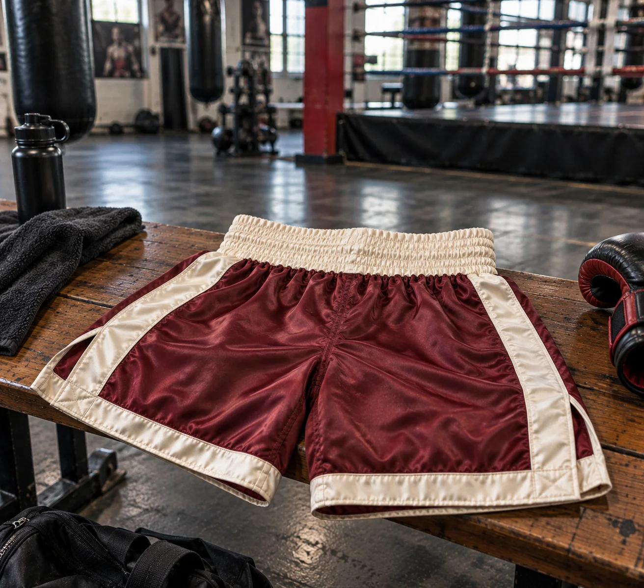 Burgundy and cream boxing shorts flat lay on training table