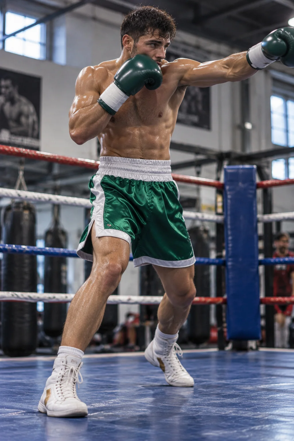 Green boxing shorts in action training pose