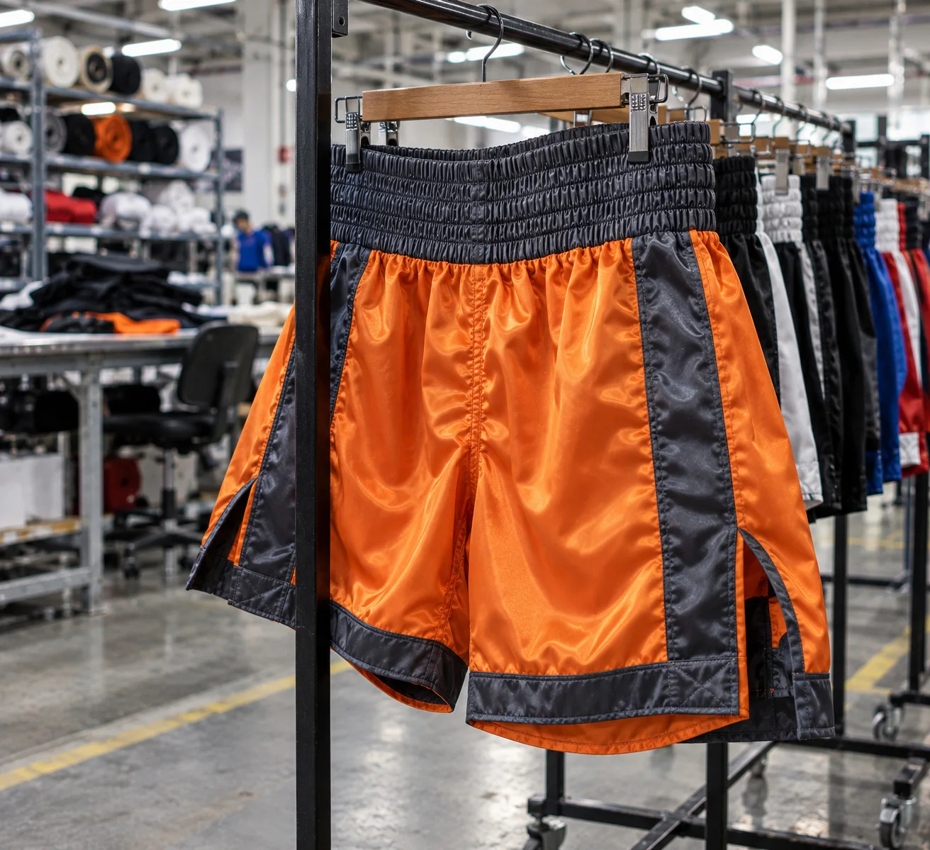 Orange custom boxing shorts displayed on garment rack
