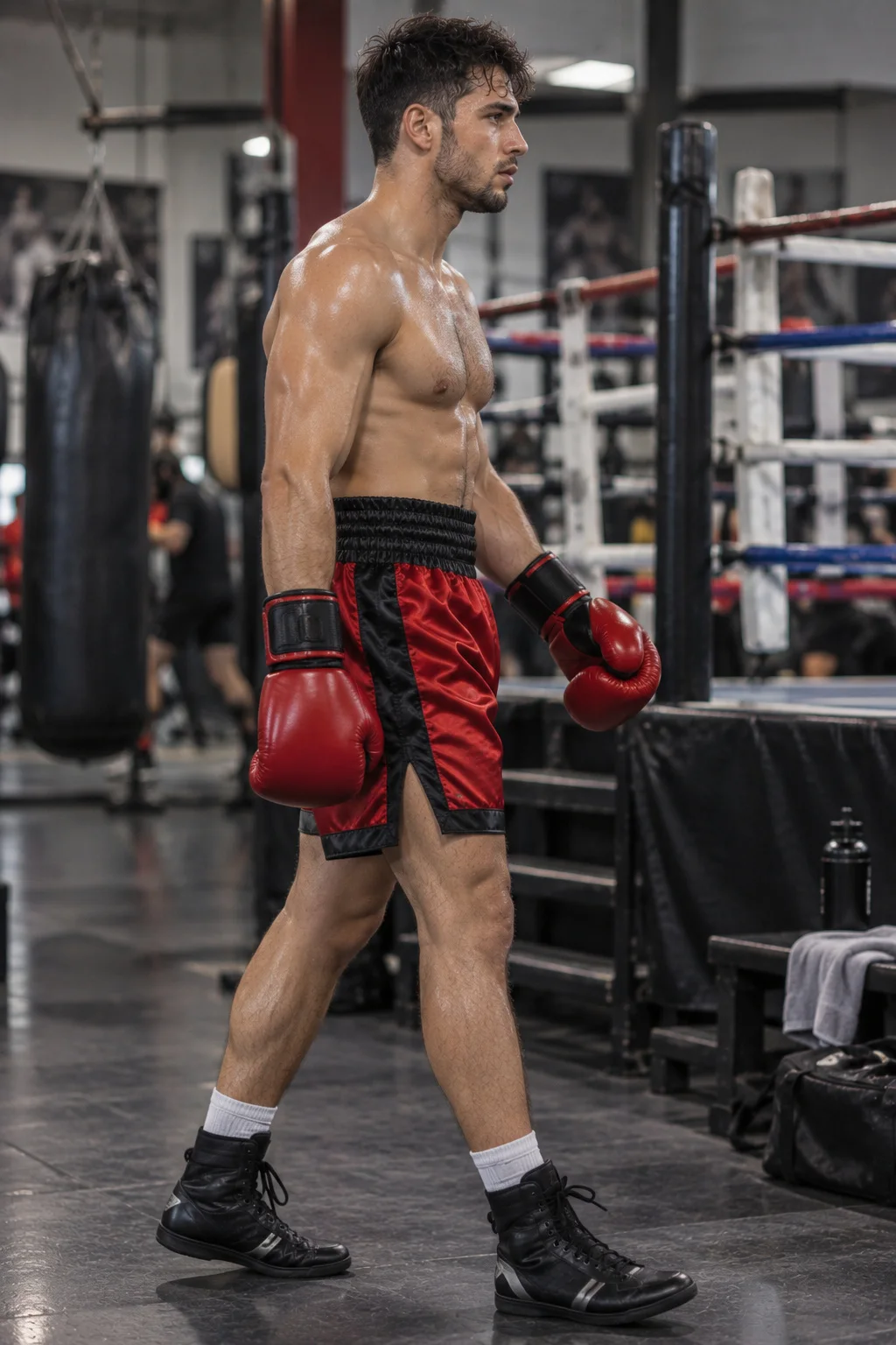 Red and black boxing shorts shown on boxer from side profile