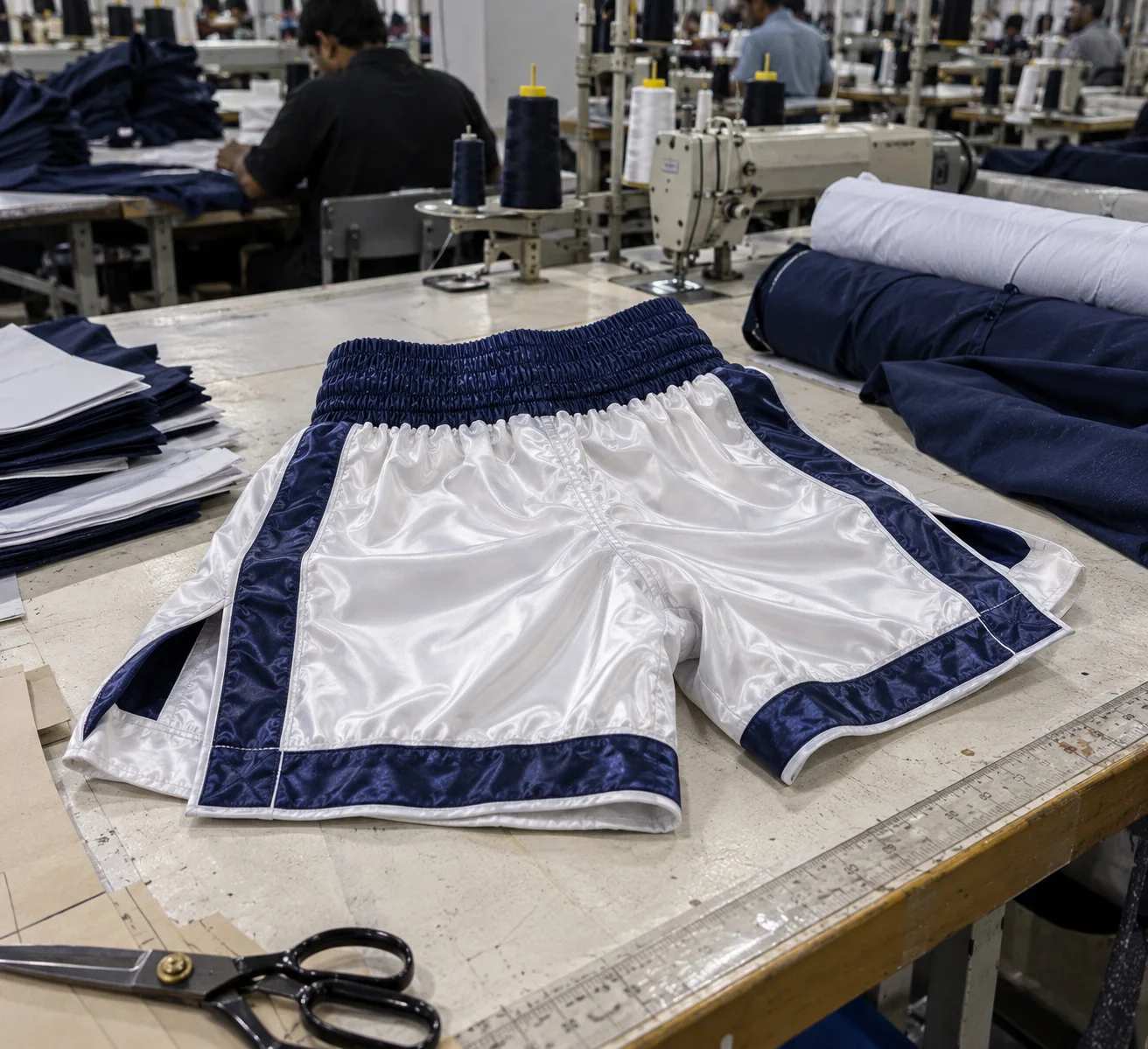 White and navy boxing shorts on factory cutting table