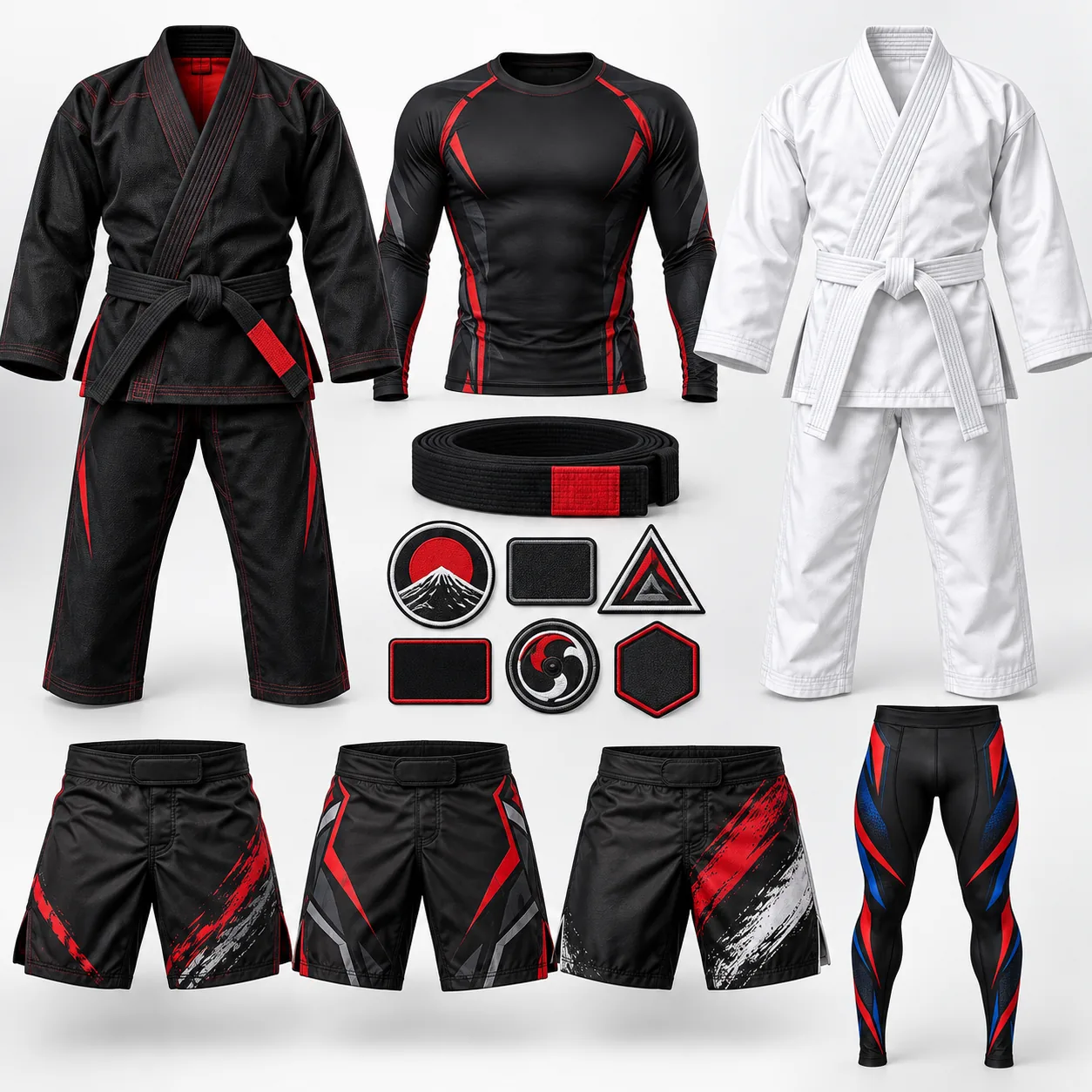Custom combat sports apparel collection — gi, rash guard, shorts, belt, patches