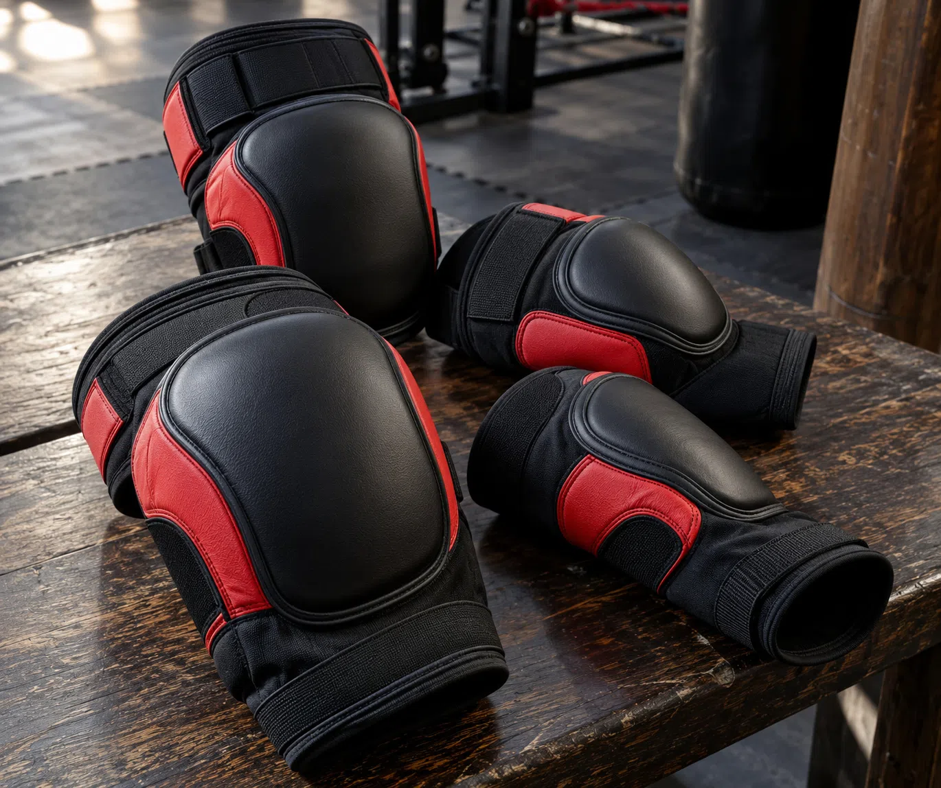 Black and red elbow and knee pads product set