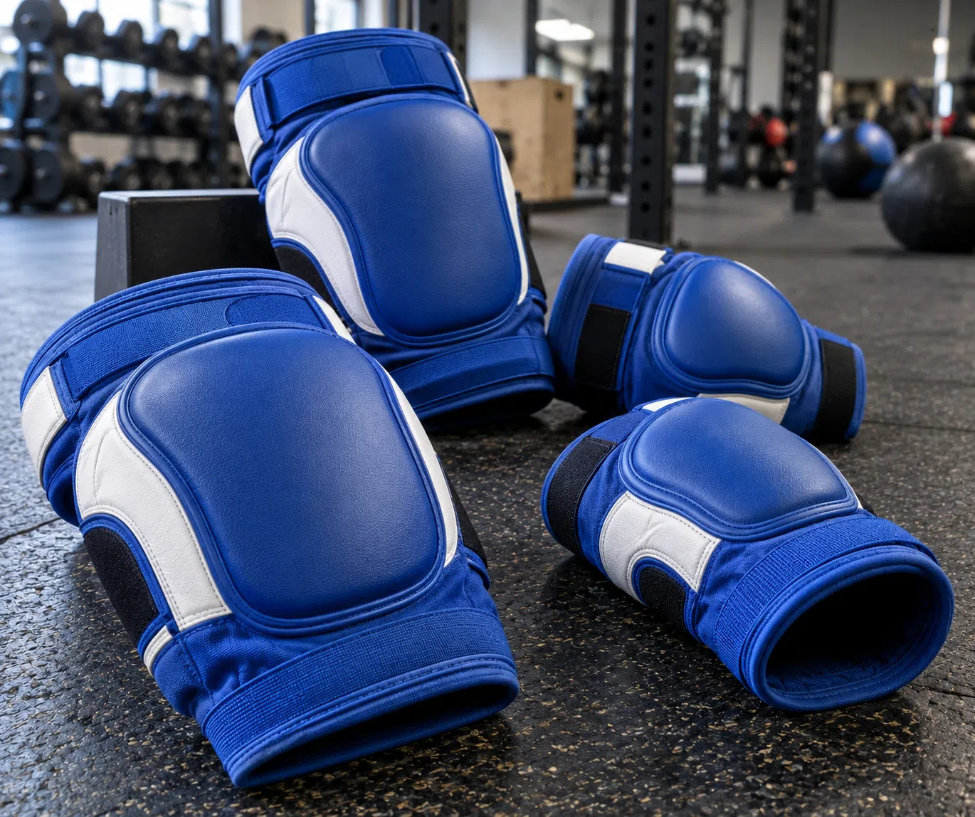 Blue and white elbow and knee pads arranged as product set