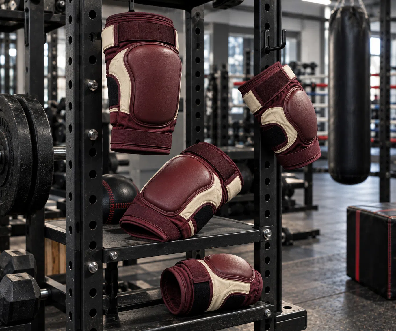 Burgundy elbow and knee pads displayed on equipment rack