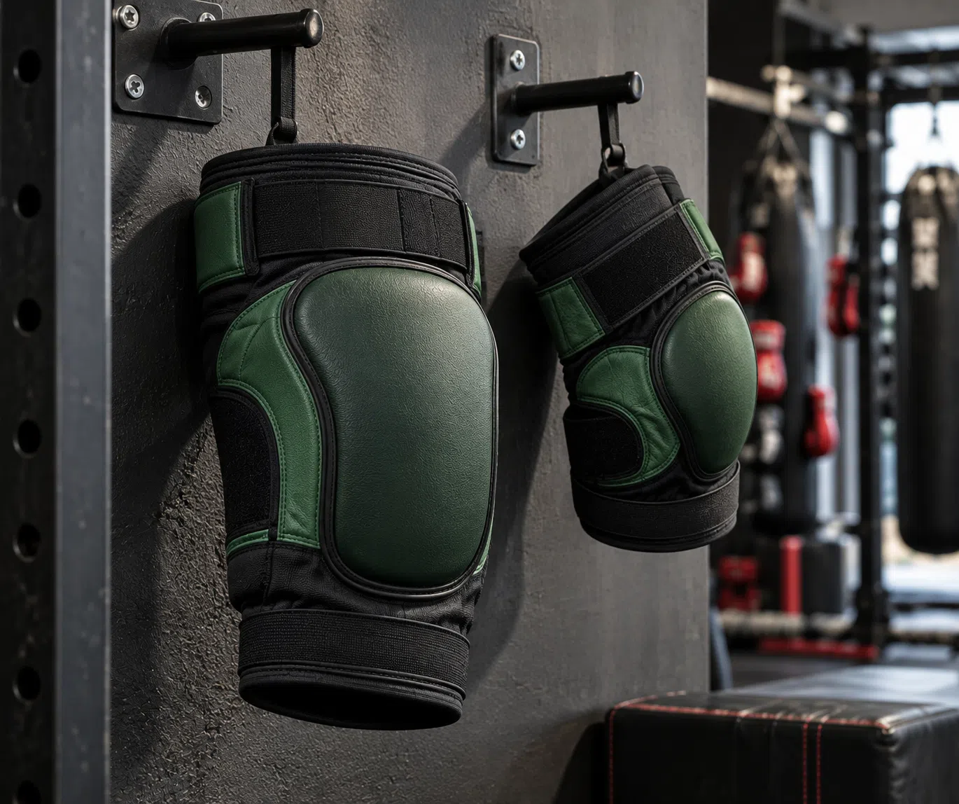Green protective elbow and knee pads hanging for display