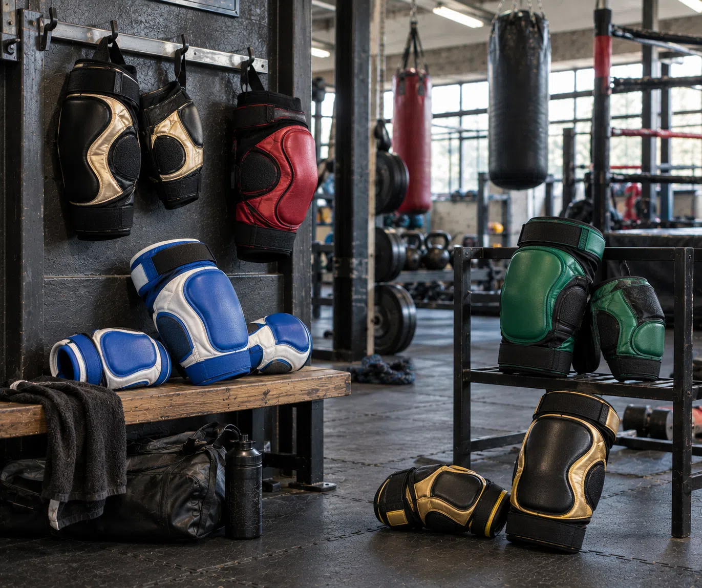 Assorted elbow and knee pads range in multiple colors