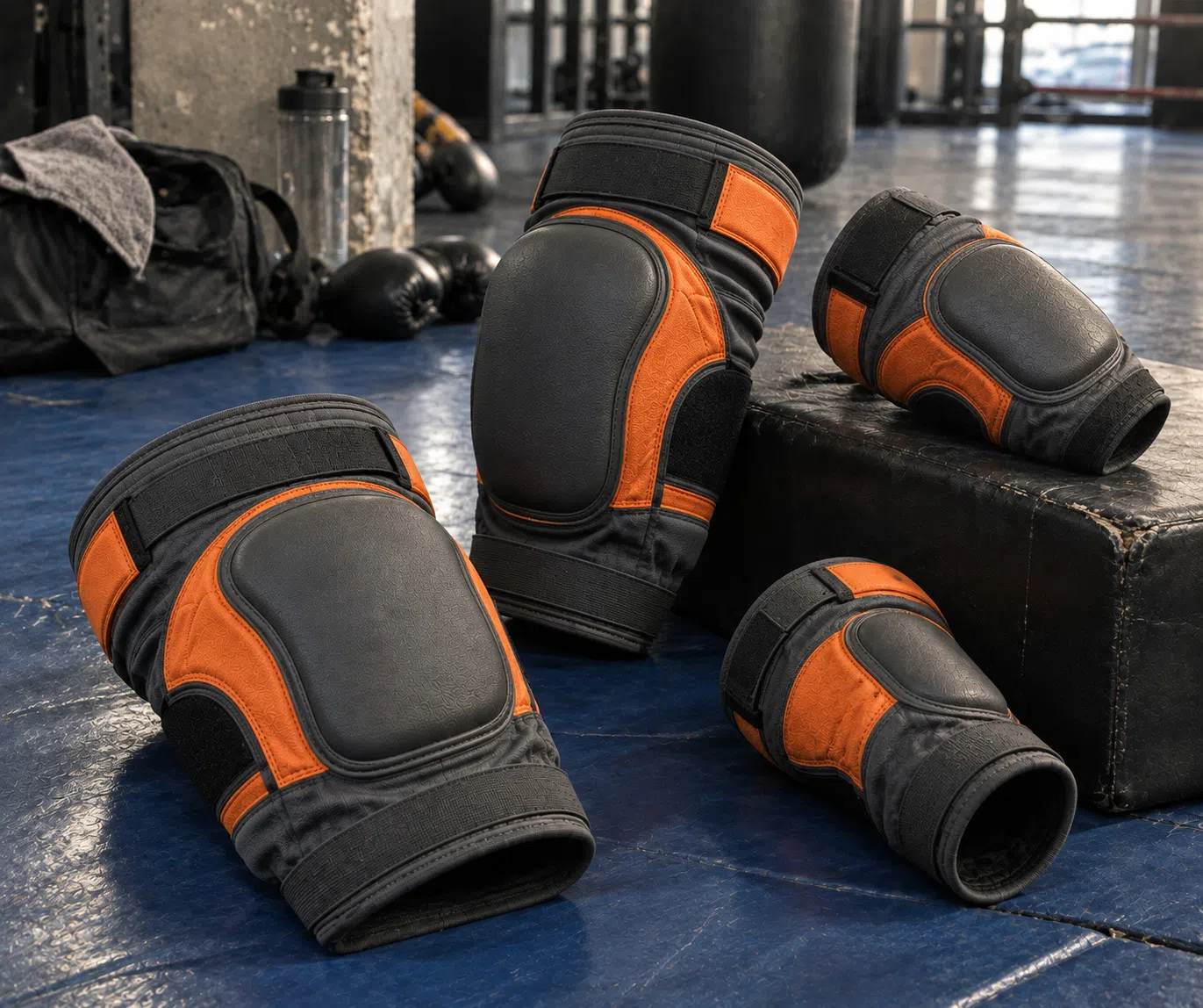 Orange and black elbow and knee pads set