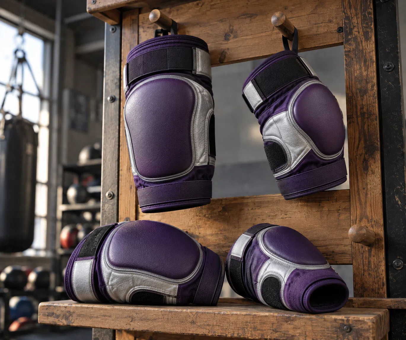 Purple elbow and knee pads arranged on wooden shelf
