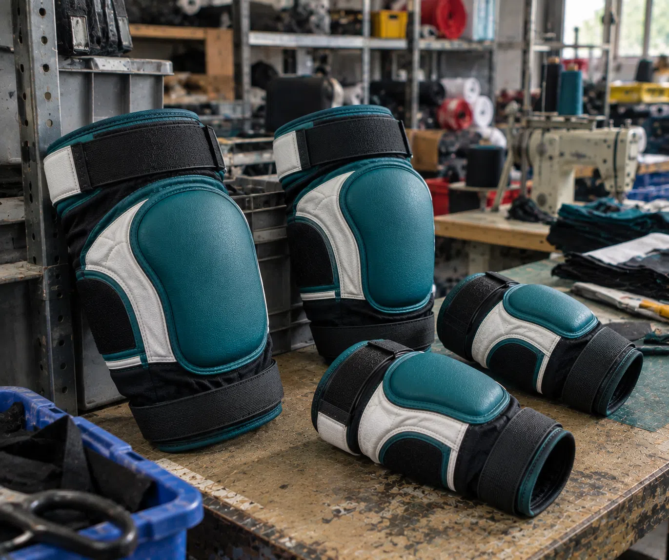 Teal elbow and knee pads on workshop table