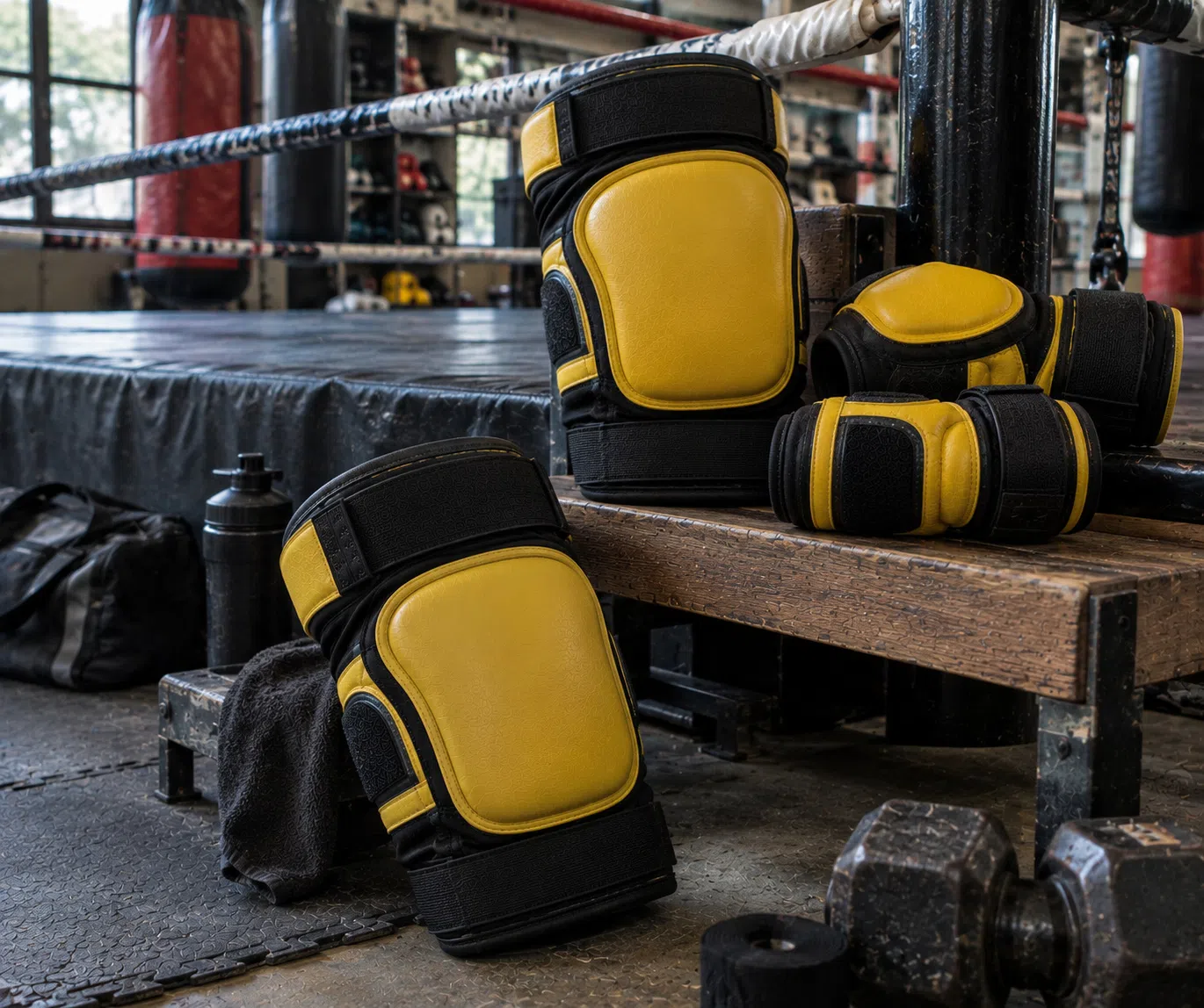 Yellow and black elbow and knee pads product display