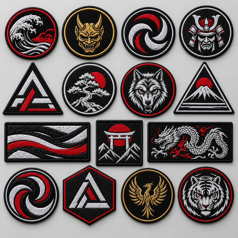 Round, shield and triangular embroidered combat sports patch designs