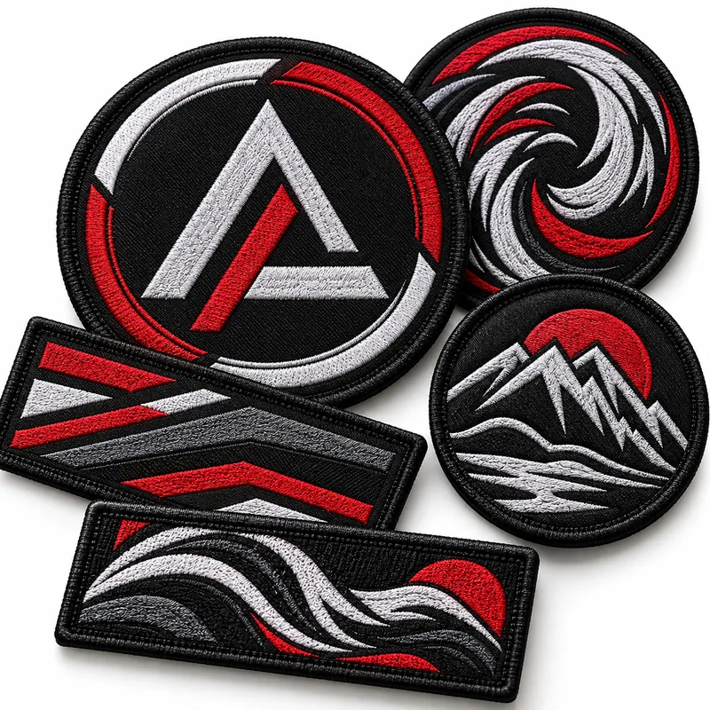 Close-up of red, black and white embroidered patches