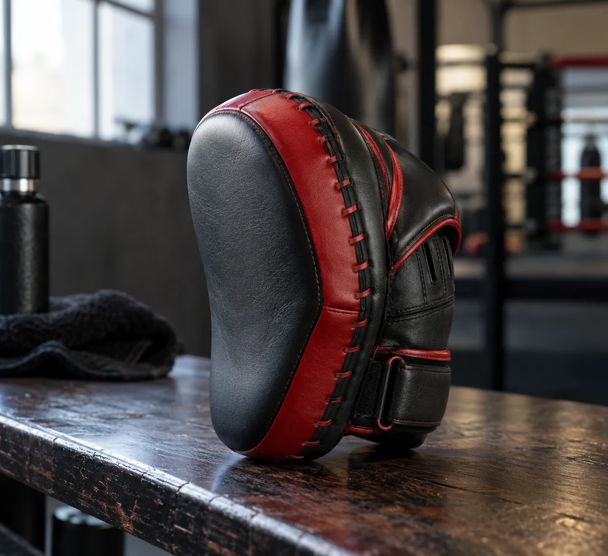 Black and red focus mitt with curved striking surface and stitched edge