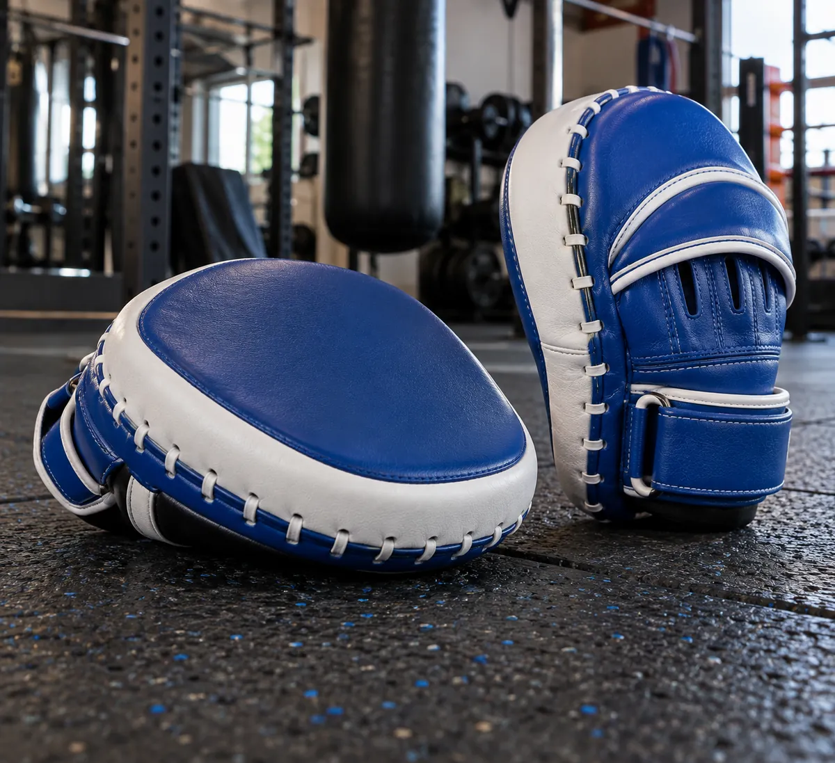 Blue and white focus mitt pair with padded target surface and wrist support
