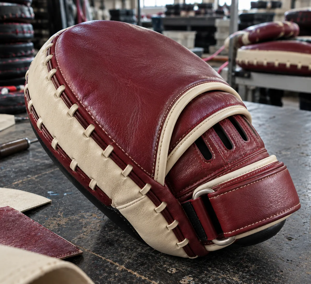 Burgundy and cream focus mitt showing wrist strap and stitched construction