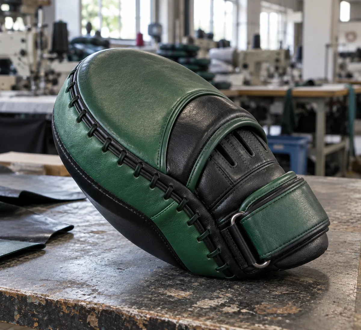 Green and black custom focus mitt with padded coach hand compartment