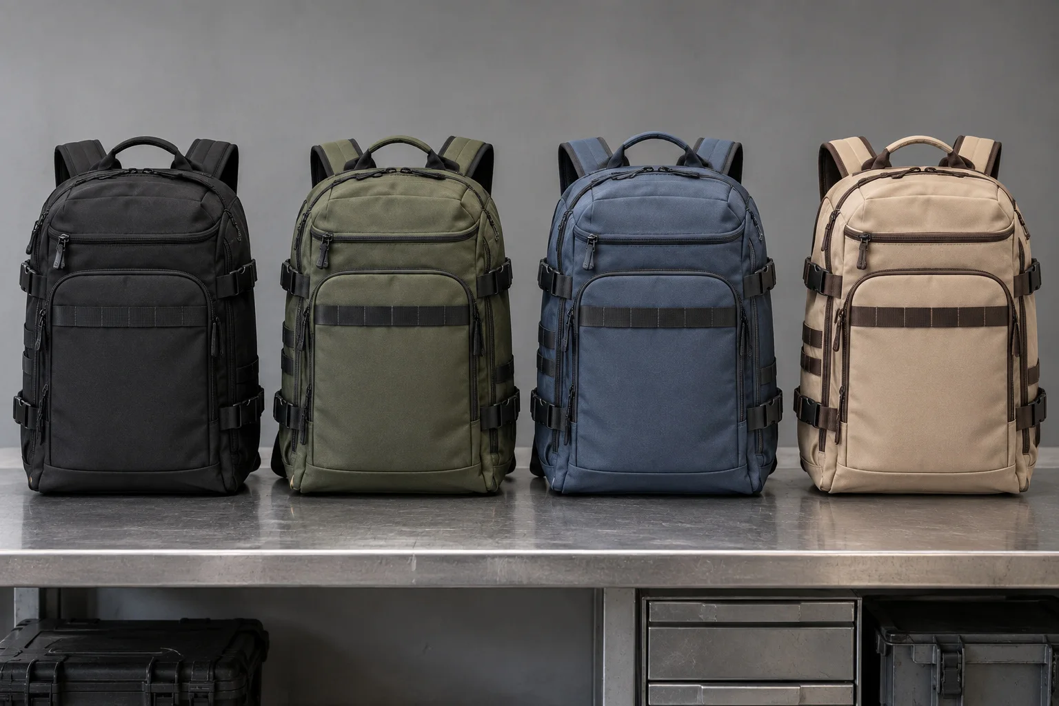 Training backpacks in black, olive, navy and beige color options