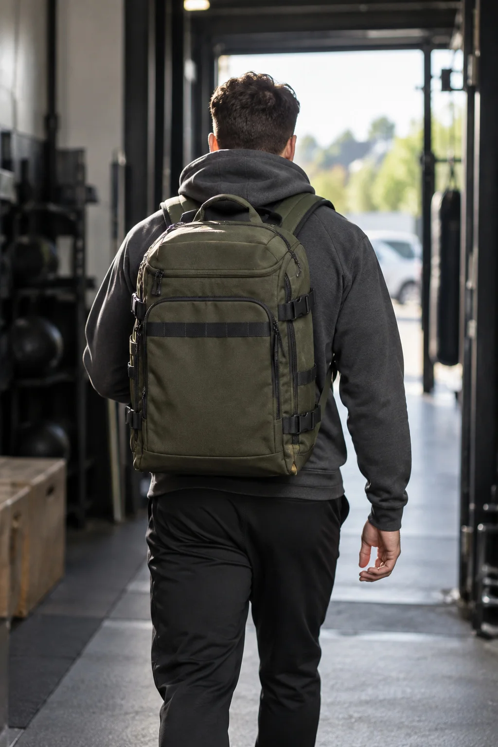 Athlete wearing olive training backpack from the back