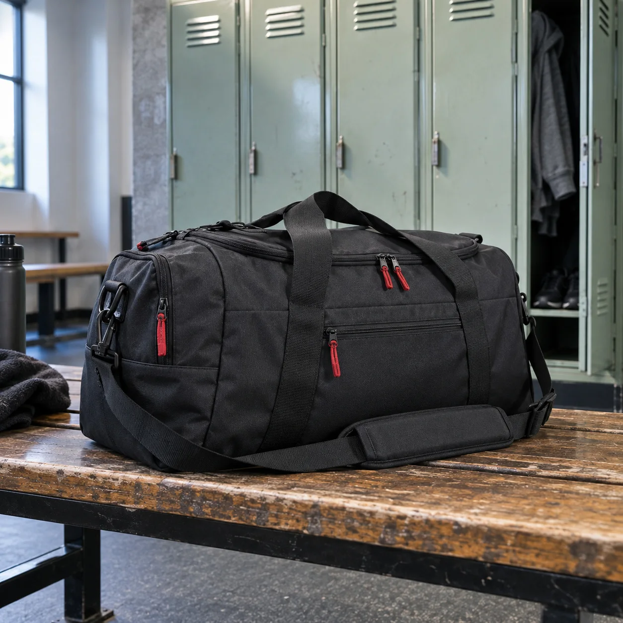 Black training duffel bag displayed on locker room bench
