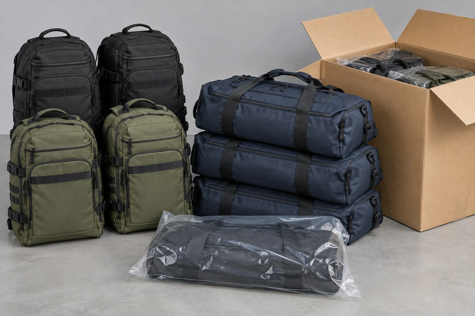 Bulk-packed training bags prepared for wholesale shipment