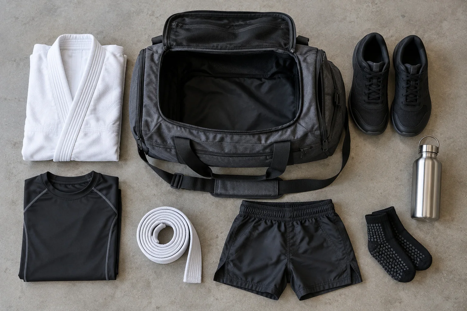 Packed training bag flat lay with apparel and accessories