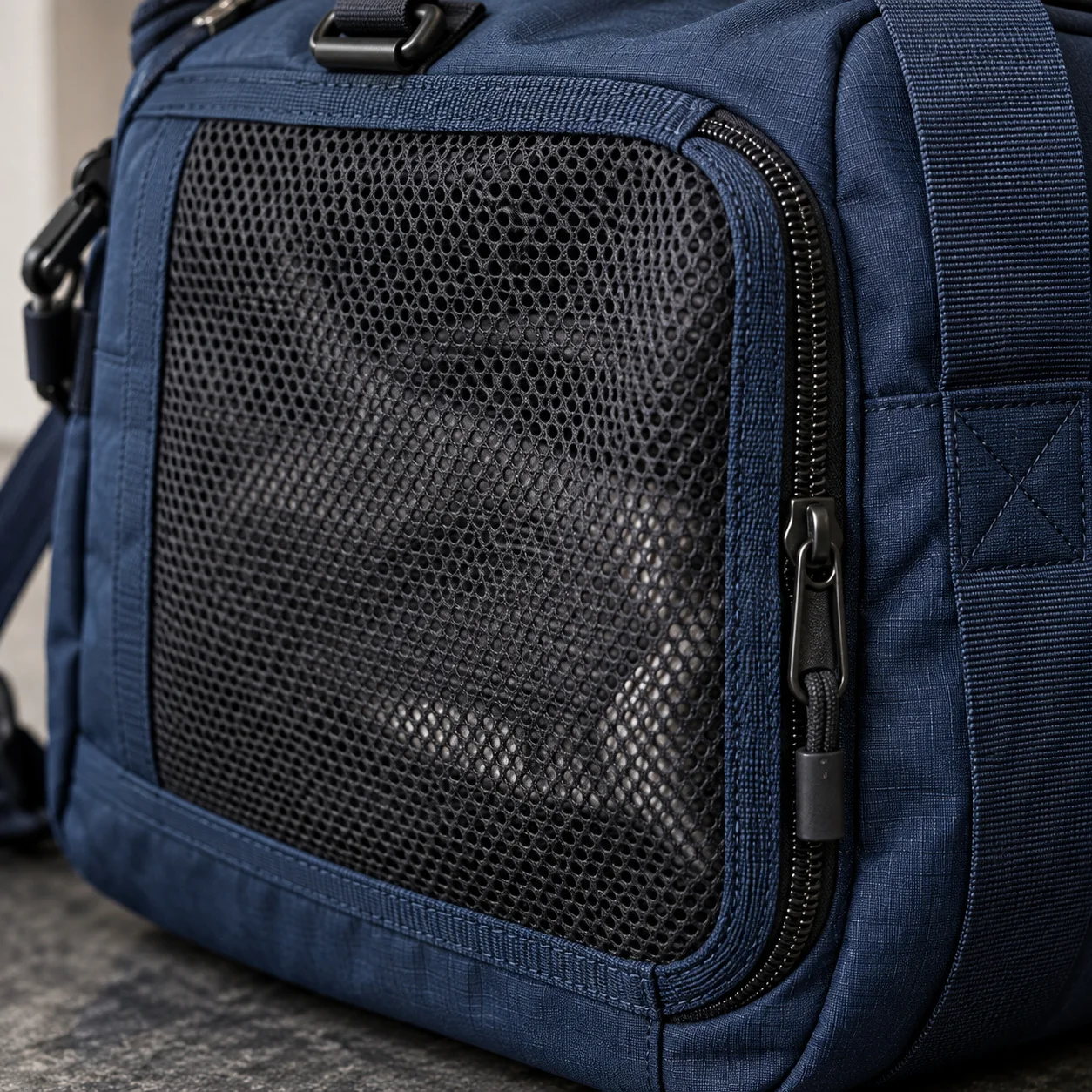 Close-up of mesh pocket detail on a navy sports bag