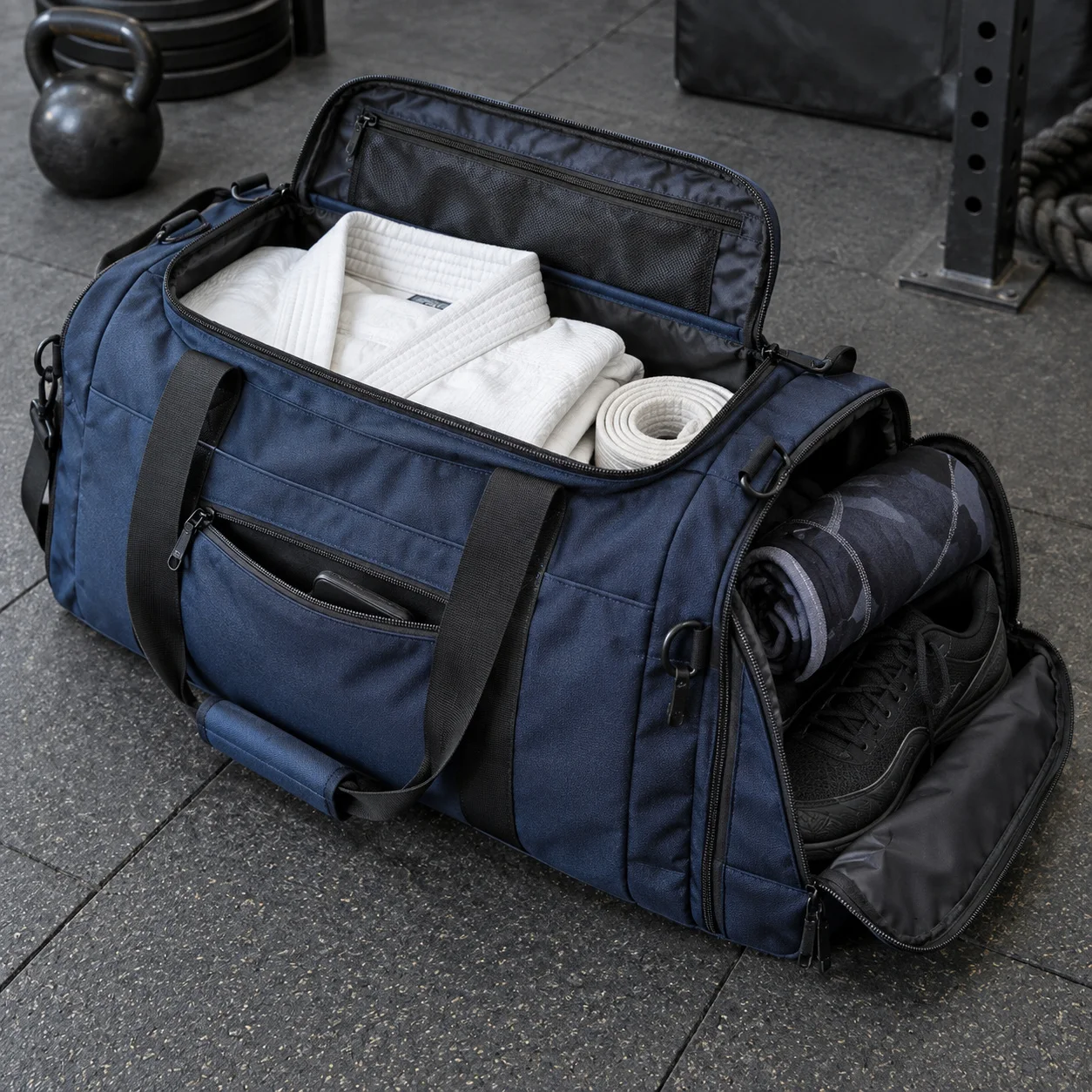 Open blue training duffel bag showing internal compartments