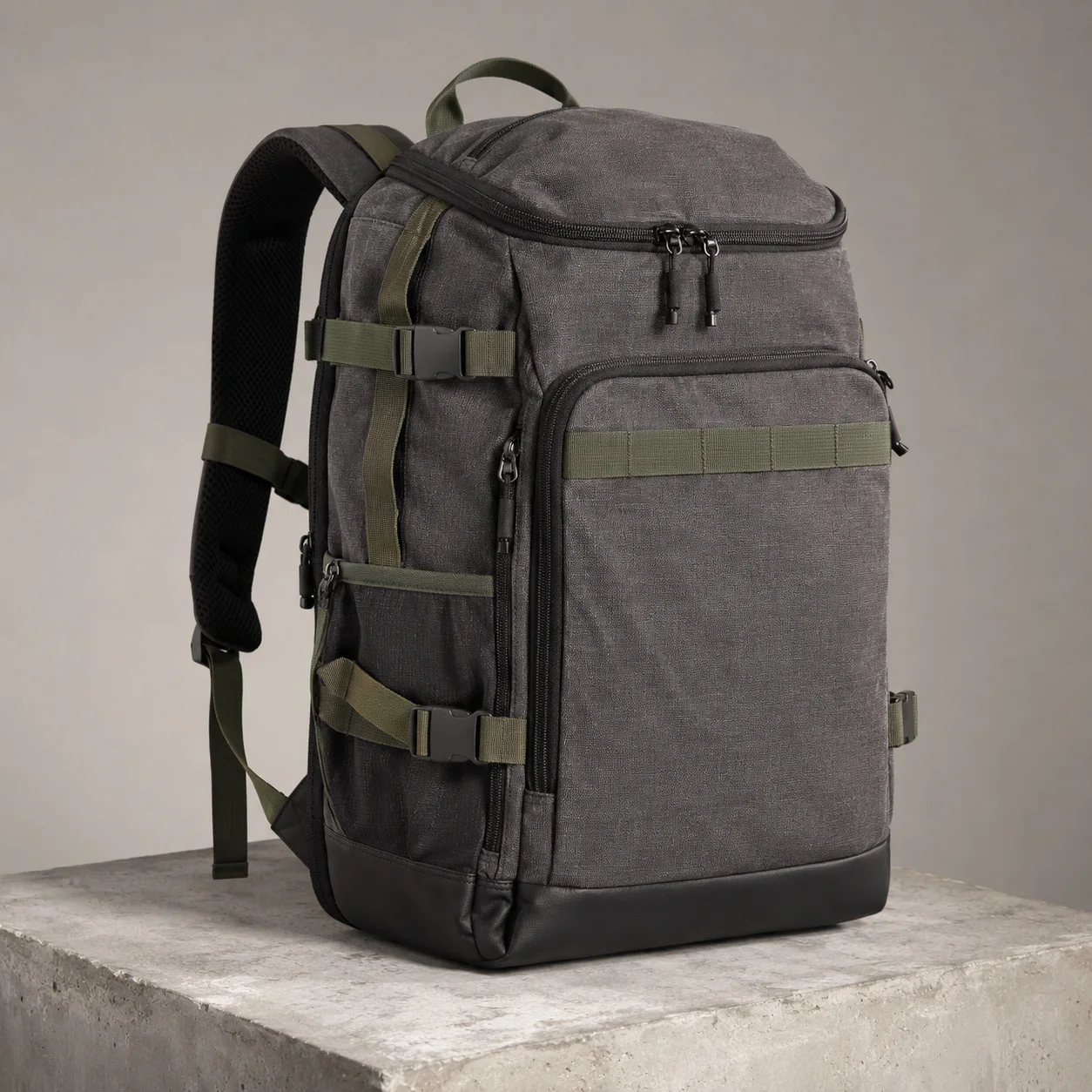 Grey tactical training backpack with multiple compartments
