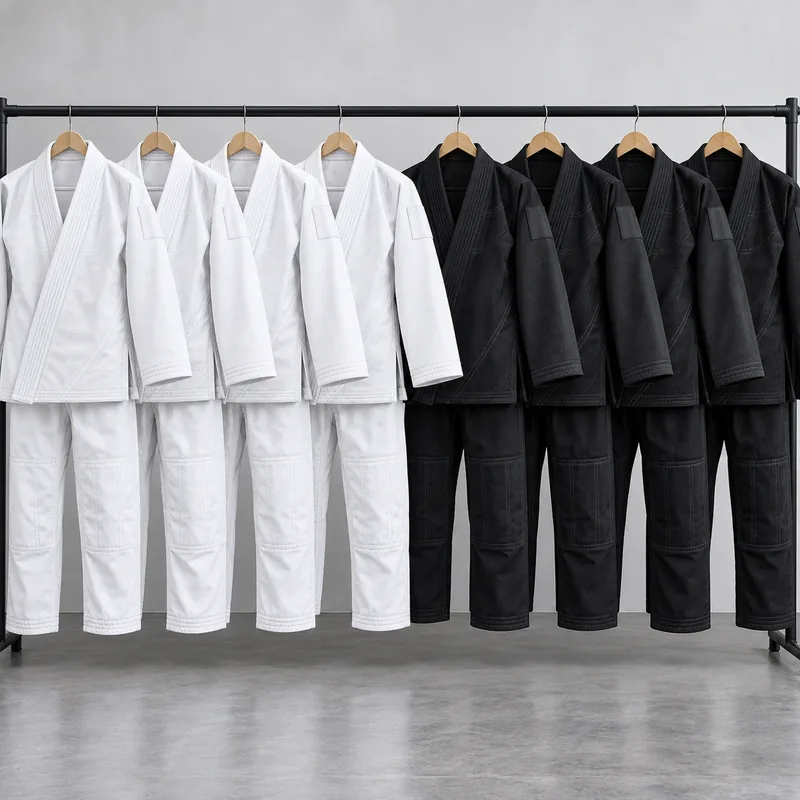 White, gray and black gi jackets displayed on a clothing rail
