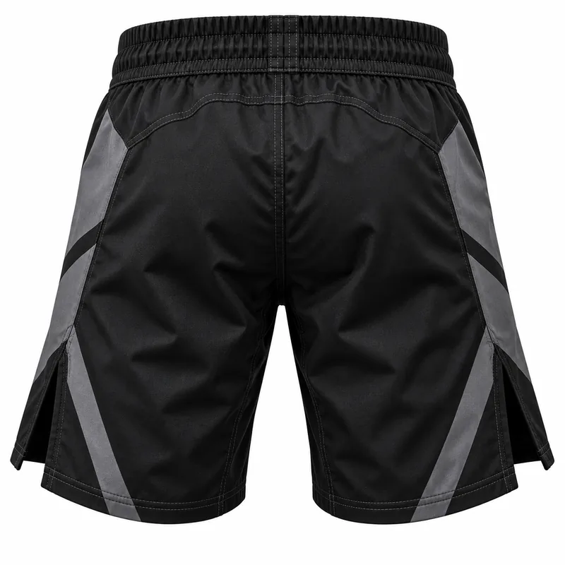 Black grappling shorts with gray side panels, back view